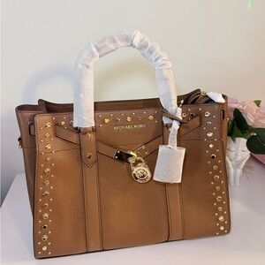 Michael Kors Tan Pebbled Leather Studded Satchel with Gold Hardware